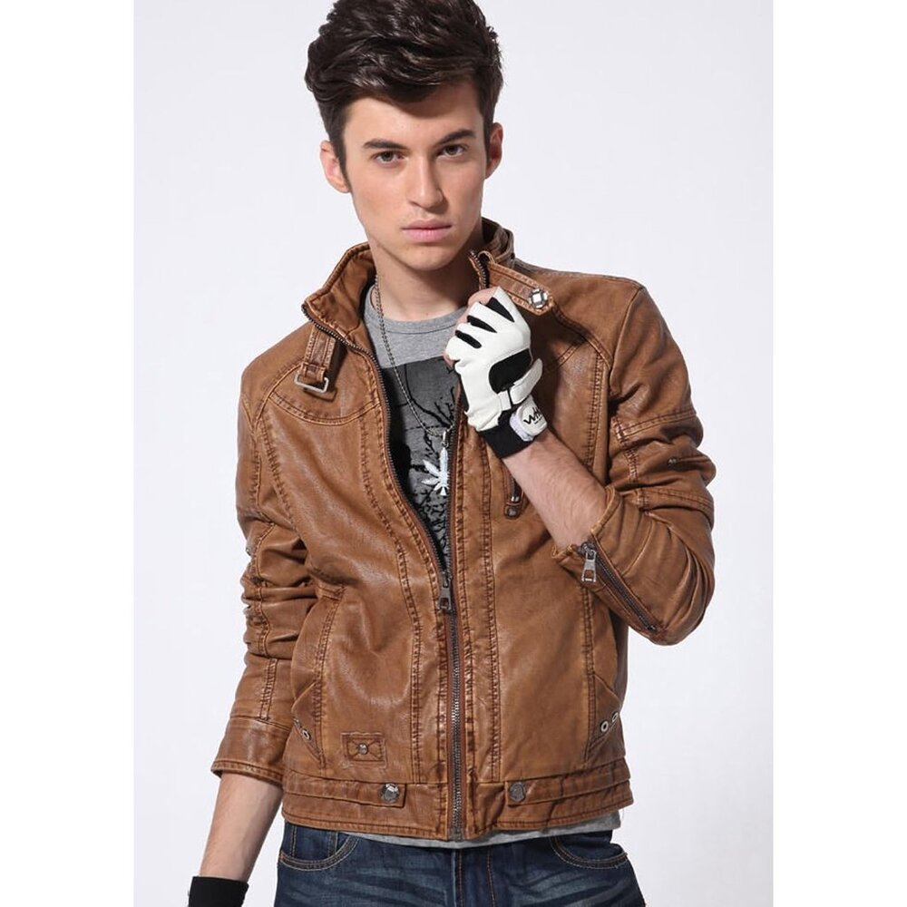 Men's Vintage Stand Collar Pu Leather Jacket - Brown - Picture 4 of 5